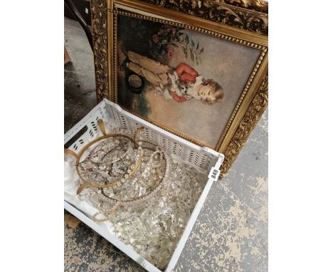 TWO SMALL BASKET CHANDELIERS AND A PAIR OF GILT FRAME PRINTS