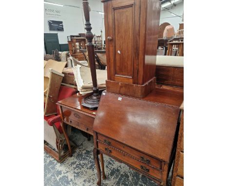 A VINTAGE BUREAU, A VICTORIAN HOT CUPBOARD, A SEWING BOX AND A STANDARD LAMP 