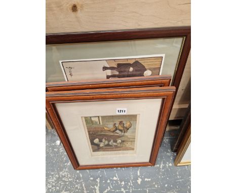 AN ANTIQUE HUMOROUS PRINT, THE CANON, TOGETHER WITH THREE PRINTS OF FOWL.