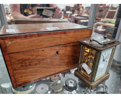 A MATTHEW NORMAN CARRIAGE TIMEPIECE TOGETHER WITH A 19th C. MAHOGANY TWO COMPARTMENT TEA CADDY