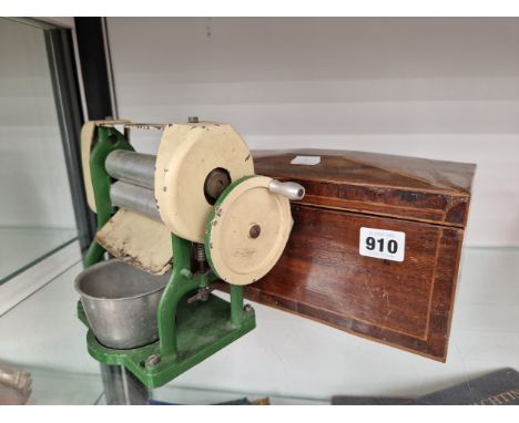 A VINTAGE DIECAST MODEL MANGLE AND A GEORGIAN TEA CADDY 