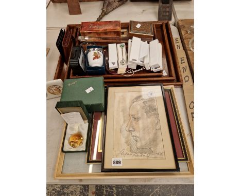 FOUR OAK TEA TRAYS AND CRIB BOARD AND DOMINOES, THREE MAGNIFYING GLASSES, SILVER PLATED SPOONS, A 1940'S PENCIL SKETCH, TWO P