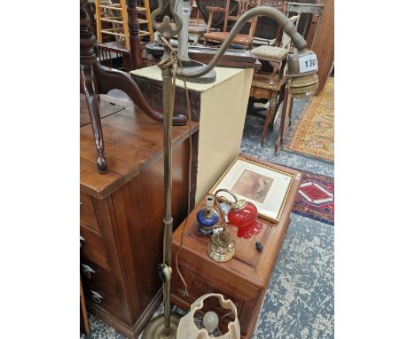 A BRASS STANDARD LAMP ETC 