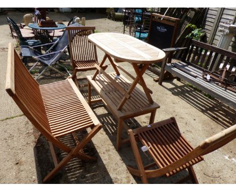 A FOLDING TEAK GARDEN BENCH, TWO MATCHING CHAIRS TOGETHER WITH TWO SIMILAR TABLES