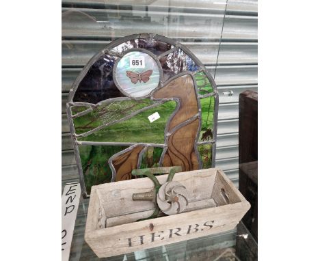 A STAINED GLASS PANEL OF A DOG AND HARE, A HERB BOX AND A WATER SPRINKLER
