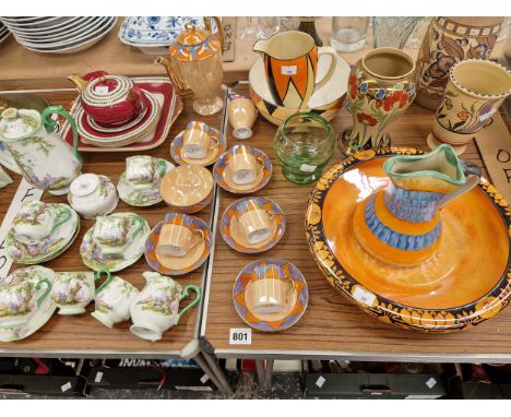 A VINTAGE ROYAL ALBERT GREENWOOD TREE PATTERN COFFEE SET, ART DECO JUGS AND VASES ETC.