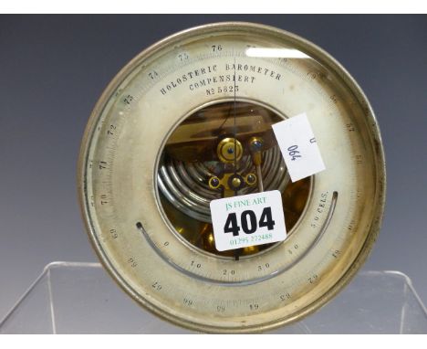 A FRENCH HOLOSTERIC BAROMETER IN A PLATED CASE AND WITH A CURVED MERCURY THERMOMETER, THE CASE.   Dia 13cms.