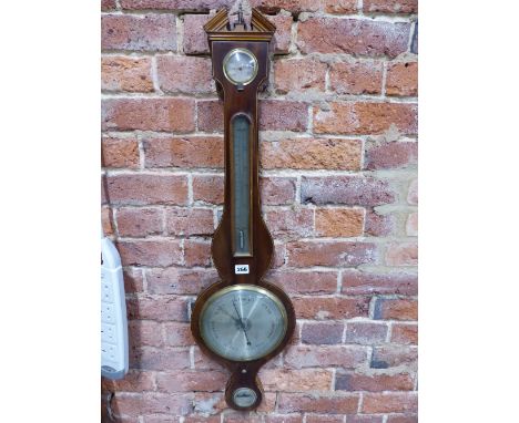 KALABERGO, BANBURY, A LINE INLAID MAHOGANY BANJO BAROMETER WITH A MERCURY THERMOMETER ABOVE THE SILVERED DIAL
