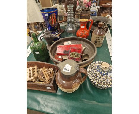 A LARGE TABLE LAMP, A DOULTON HARVEST JUG ETC.