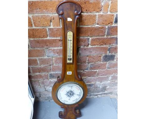 A VICTORIAN ROSEWOOD BANJO BAROMETER WITH A MERCURY THERMOMETER ABOVE THE WHITE CERAMIC DIAL