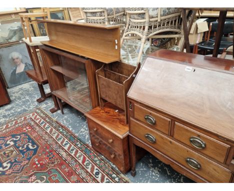 A MAHOGANY BUREAU, A COMMODE, NEST OF TABLES AND A RETRO TEAK BOOKCASE ETC. 