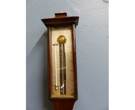 A WILLIAM DUNCAN MAHOGANY STICK BAROMETER, THE SILVERED SCALE FLANKED BY A MERCURY THERMOMETER, THE MERCURY RESERVOIR WITH A 