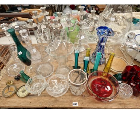 A QUANTITY OF GLASS VASES AND BOWLS, A BRASS CASED COMPASS, PLATED CANDELABRA ETC