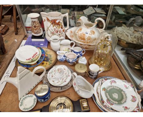 TWO WASHING JUGS AND A BOWL, MISCELLANEOUS CERAMICS, A ROTARY CLOCK UNDER DOME, AN ANEROID BAROMETER, ETC.