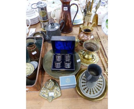 A MINERS LAMP, BRASS A COPPER WARES, CASED ELECTROPLATE KNAPKIN RINGS, ETC.