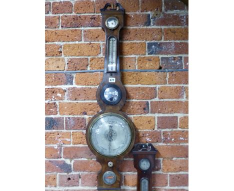 A 19th C. EBONY LINE INLAID MAHOGANY BANJO BAROMETER WITH AN ALCOHOL THERMOMETER ABOVE A MIRROR AND THE SILVERED DIAL 