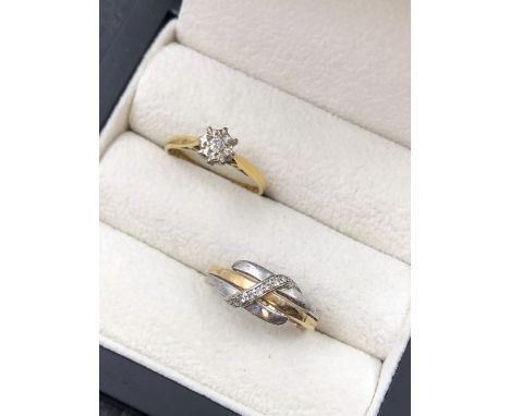 AN 18ct HALLMARKED GOLD DIAMOND SINGLE STONE ILLUSION SET RING AND A 9ct HALLMARKED GOLD DIAMOND SET CROSS OVER RING. FINGER 