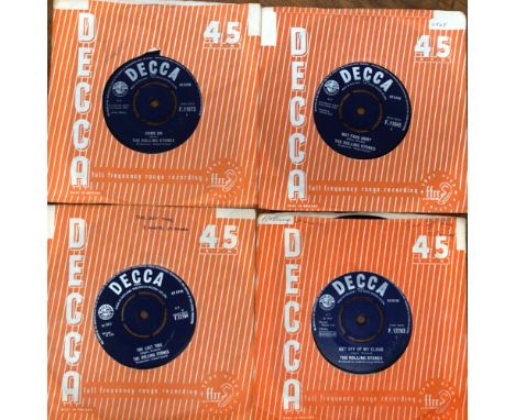 THE ROLLING STONES 60S; 13 SINGLES INCLUDING- COME ON - DECCA F11675, NOT FADE AWAY - F11845, GET OFF MY CLOUD - F12263 ETC.