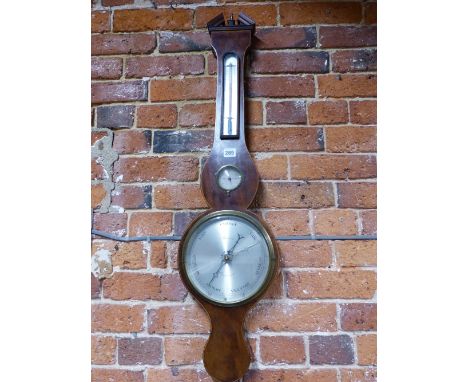A LINE INLAID MAHOGANY BANJO BAROMETER, THE SILVERED DIAL INSCRIBED HANSON BELOW AN ALCOHOL THERMOMETER