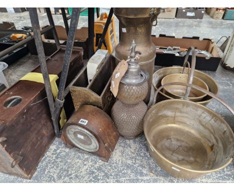 THREE BRASS JAM PANS, A LARGE SODA SIPHON TWO CLOCKS, AND A BRASS STICK STAND