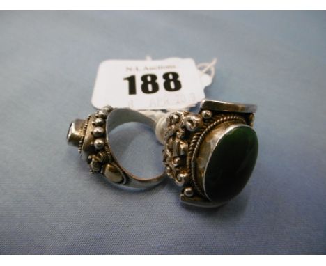 Two silver rings, set with stones, size K and O