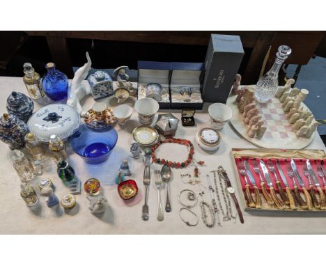 A mixed lot to include a boxed Waterford decanter, chess set, cutlery, Dresden, paperweight, scent bottles and other itemsLoc