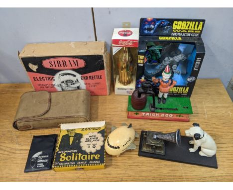 Vintage collectables to include a 1995 Godzilla Wars, Monster action figure reproduction cast iron money boxes and camera Den