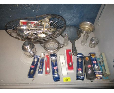 Silver plate to include an 18th/19th century wire basket with a crest, a tea caddy and collectors spoons, along  with a silve