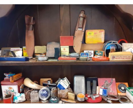 A quantity of vintage tins, a printing block, steam engine rally brass and other plaques, coins and mixed vintage itemsLocati