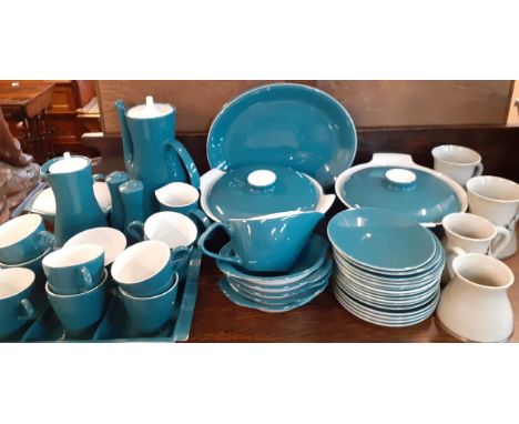 A quantity of vintage Poole dinner, tea and coffee items in a teal and white colour together with Glenshee potterLocation: RA