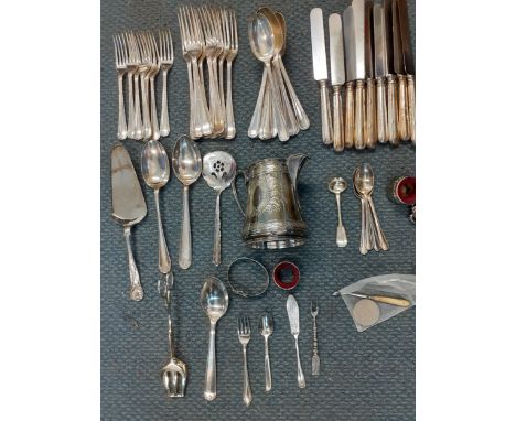 A quantity of silver and silver plated items to include a silver 'belt' bangle and a silver salt spoonLocation: 