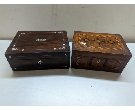 A 19th century rosewood and mother of pearl inlaid jewellery box, together with marquetry boxLocation RWM 