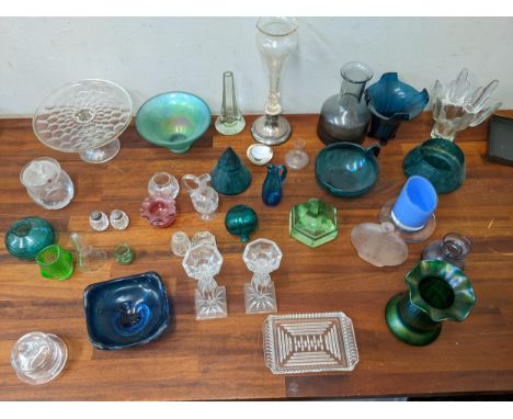 Collectable glassware to include clear and coloured vases, bowls, Scandinavian style glass, candlesticks, a K Franck cased gl