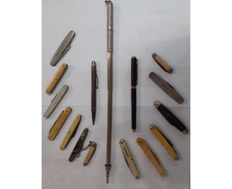 A selection of vintage pens and fruit knives to include a silver coloured telescopic penLocation: 3:2 