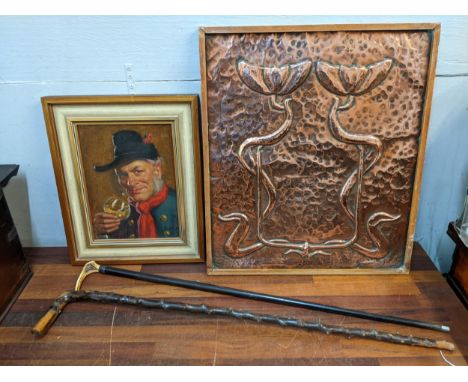 An Arts &amp; Crafts copper plaque decorated with flowers, two walking sticks, and a portrait oil on canvas Location: 