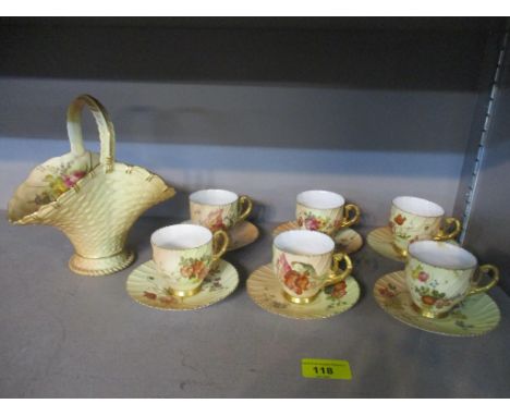 Royal Worcester - a set of six blush ivory cups and saucers with floral decoration and wrythen moulded fluting to the bodies,