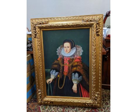 A large reproduction portrait of a woman, acrylic on canvas, 92cm x 60cm, in a gilt frameLocation: G 
