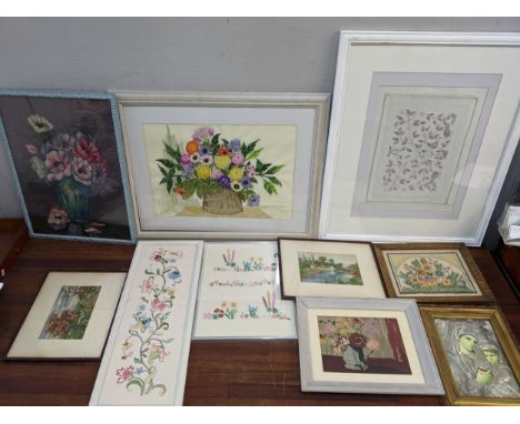 Tapestry and embroidered pictures to include garden scenes flowers, and othersLocation: 