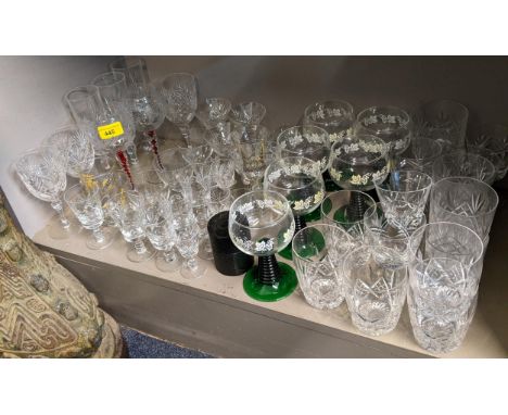 A quantity of glassware to include red stemmed and etched hock glasses and vintage Luminarc green stemmed rummersLocation: R1