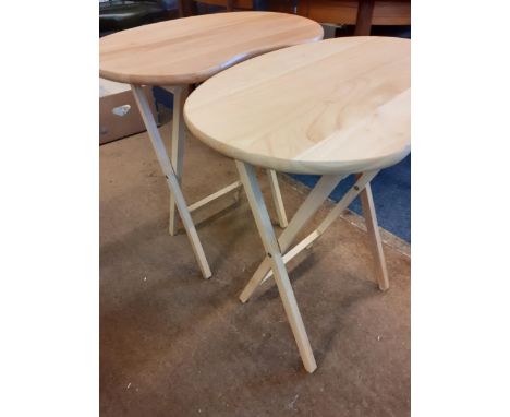 Two modern light wooden folding, kidney shaped occasional tables Location: 