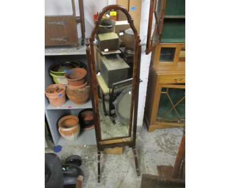 An early 20th century mahogany framed cheval swing mirror, along with an old pine trunk with iron stamp-workLocation: 