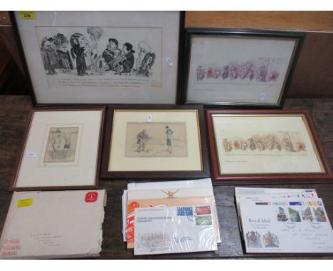 Framed pictures and First Day covers presentation packs to include an original Donald Green The Threepenny Opera cartoon Loca