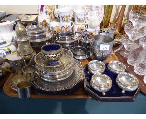 A Tray of Silver Plate to Include Cased Set of Four Salts, Three Piece Tea Service, Wine Coaster, Miniature Coffee Service Et