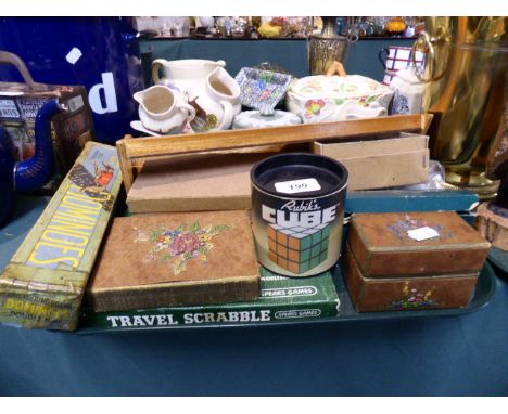 A Tray of Vintage Draughts, Dominoes, Cribbage Board Etc