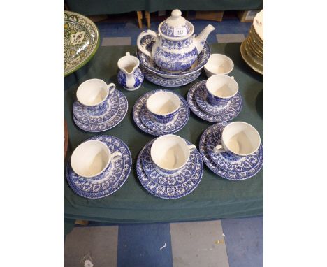 A Broadhurst Blue and White Windsor Castle Tea Service Comprising Six Trios, Tea Pot, Cake Plate, Sugar and Cream together wi