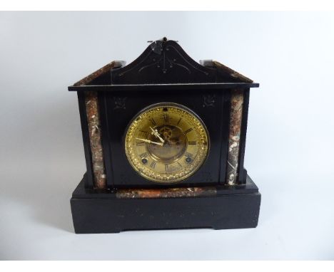 An American Black Slate and Marble Mantle Clock of Architectural Form, 30cm High 