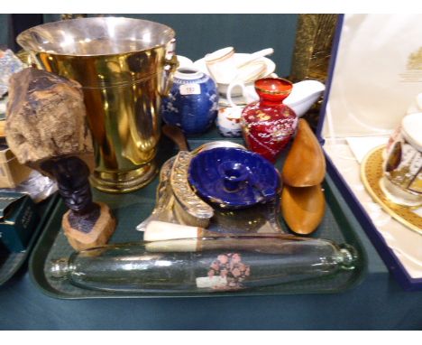 A Tray of Sundries to Include Silver Plated Crumb Tray and Brush, Silver Plated Champagne Bucket, Victorian Glass Rolling Pin