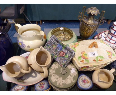 A Tray of Ceramics to include Wedgwood Jasperware, Arthur Woods Jug, Shelley Rose Bowl, Copeland Spode Tray, Brass Vase Etc