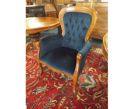 A Victorian Style Button Upholstered Mahogany Framed Ladies Arm Chair