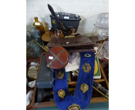 A Tray of Sundries to Include Royal Ancient Order of Buffalo Sash, Vintage Hand Bag, Roberts Radio, Medical Equipment, Brass 